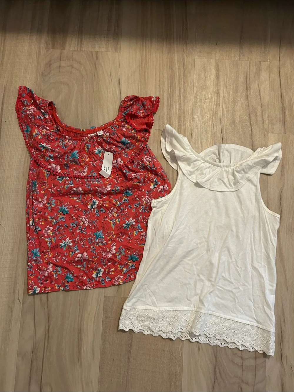 GAP Red Floral Ruffle Tank & White Eyelet Ruffle-Trim Tank